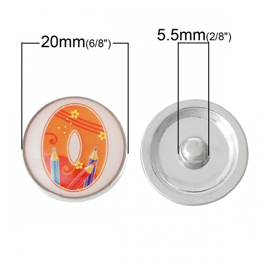 Picture of 20mm Zinc Metal Alloy Snap Buttons Round Silver Tone Orange Alphabet /Letter " O " Pencil Pattern Fit Snap Button Bracelets, Knob Size: 5.5mm( 2/8"), 5 PCs