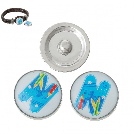 Picture of 20mm Zinc Metal Alloy Snap Buttons Round Silver Tone Blue Alphabet /Letter " N " Pencil Pattern Fit Snap Button Bracelets, Knob Size: 5.5mm( 2/8"), 5 PCs