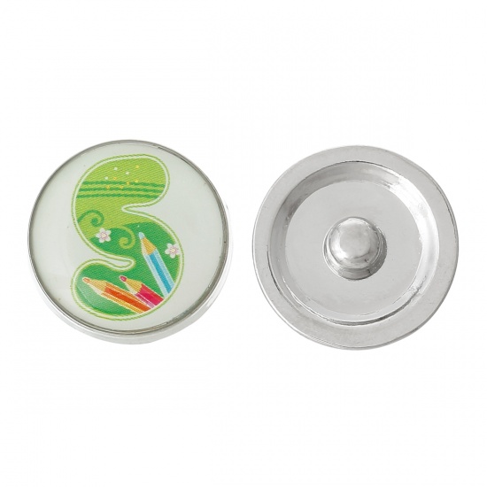 20mm 亜鉛合金 スナップボタン　スナップボタンブレスレットに適応 円形 シルバートーン 緑 " S " 彫刻 つまみのサイズ： 5.5mm、5 個 の画像