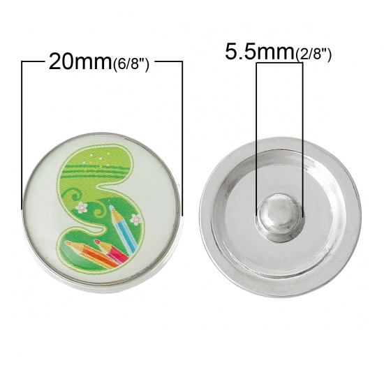 20mm 亜鉛合金 スナップボタン　スナップボタンブレスレットに適応 円形 シルバートーン 緑 " S " 彫刻 つまみのサイズ： 5.5mm、5 個 の画像