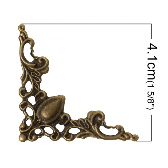 Picture of Filigree Stamping Embellishment Findings Triangle Corner Antique Bronze Hollow Flower Pattern 4.1cm x 4.1cm(1 5/8" x1 5/8"),100PCs