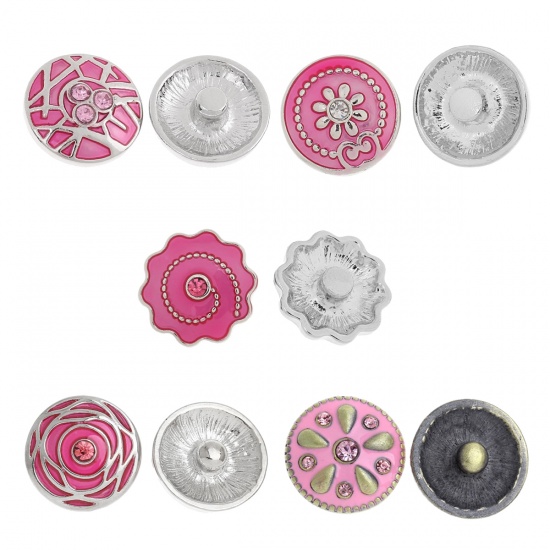 Picture of Zinc Metal Alloy Snap Buttons Mixed Silver Tone Pattern Carved Rhinestone Pink Enamel Fit Snap Button Bracelets 21mm x21mm( 7/8" x 7/8") - 20mm( 6/8") Dia., Knob Size: 5.5mm( 2/8"), 5 PCs