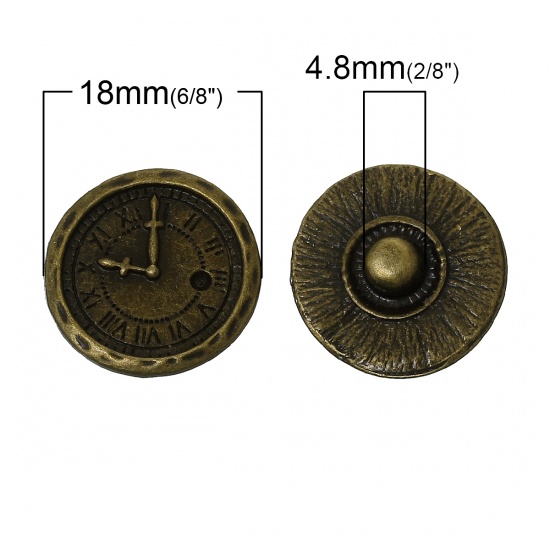 Picture of 18mm Zinc Metal Alloy Snap Buttons Round Antique Bronze Clock Carved Fit Snap Button Bracelets, Knob Size: 4.8mm( 2/8"), 20 PCs