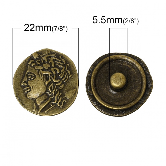 Image de Chunk Snap Buttons Fit Chunk Bracelets Round Antique Bronze Message Person Pattern Carved 22mm x 21mm( 7/8" x 7/8"),Knob:5.5mm,10PCs