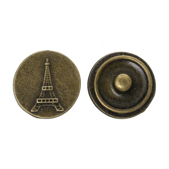 Picture of Chunk Snap Buttons Fit Chunk Bracelets Round Antique Bronze Paris Travel Eiffel Tower Pattern Carved 21mm( 7/8") Dia, Knob: 5.5mm, 10 PCs