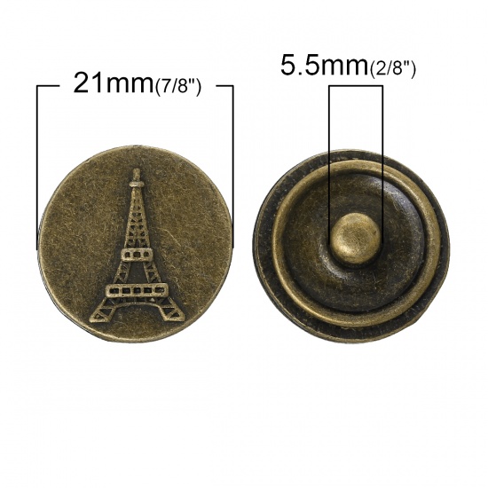 Immagine di Chunk a Scatto Gioielli Bottone Adatto a Chunk Braccialetti Viaggi Tondo Tono del Bronzo Torre Eiffel Disegno 21mm Dia, Dimensioni Manopola: 5.5mm , 10 Pz