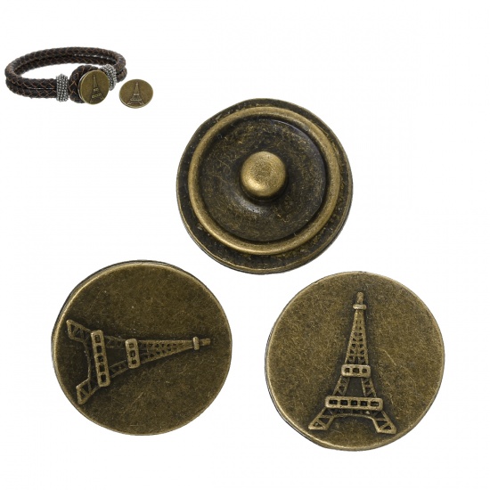 Picture of Chunk Snap Buttons Fit Chunk Bracelets Round Antique Bronze Paris Travel Eiffel Tower Pattern Carved 21mm( 7/8") Dia, Knob: 5.5mm, 10 PCs