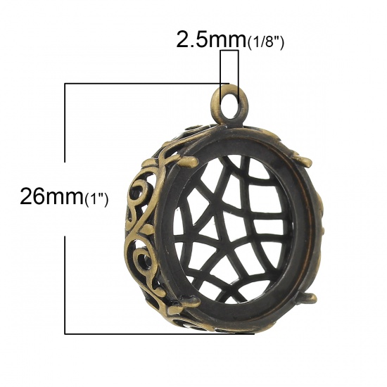 Picture of Brass Charm Pendants Round Antique Bronze Cabochon Setting(Fits 19mm Dia) Hollow Flower Pattern 26mm x 23mm(1" x 7/8"),3PCs                                                                                                                                   