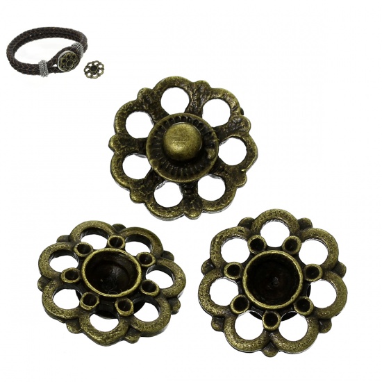 Immagine di Chunk Snap Buttons Fit Chunk Bracelets Flower Antique Bronze(Can Hold ss6 Rhinestone,6mm Rhinestone) Hollow 18mm( 6/8") Dia,Knob:4.8mm,20PCs