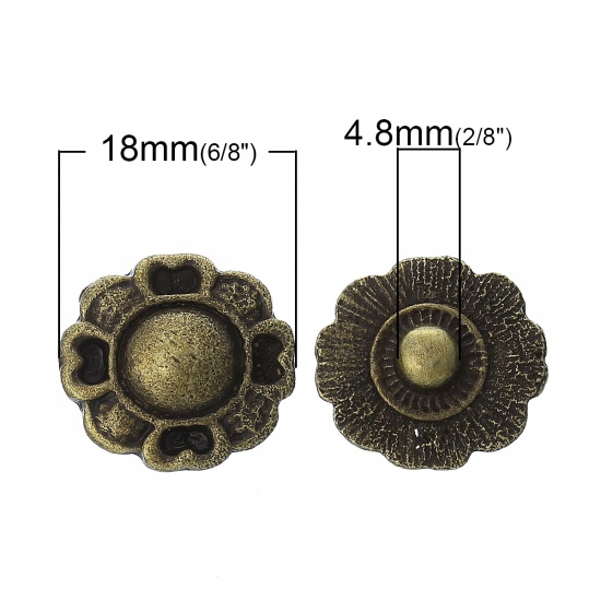 Image de Chunk Snap Buttons Fit Chunk Bracelets Flower Antique Bronze(Can Hold 6mm Rhinestone) 18mm x 16mm,Knob:4.8mm,20PCs