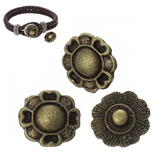 Picture of Chunk Snap Buttons Fit Chunk Bracelets Flower Antique Bronze(Can Hold 6mm Rhinestone) 18mm x 16mm,Knob:4.8mm,20PCs