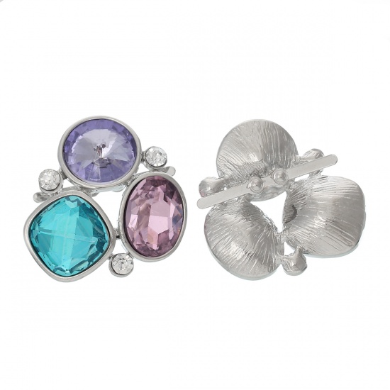 Picture of Shoe Clips Buckles Accessory Oval Silver Tone Mixed Color Rhinestone Faceted 3.8cm x 3.7cm(1 4/8" x1 4/8"),2PCs