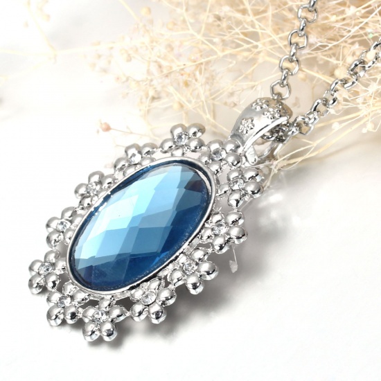 Picture of Jewelry Necklace Oval Silver Tone Clear Blue Rhinestone Faceted 65cm(25 5/8") long, 1 Piece