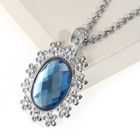 Picture of Jewelry Necklace Oval Silver Tone Clear Blue Rhinestone Faceted 65cm(25 5/8") long, 1 Piece