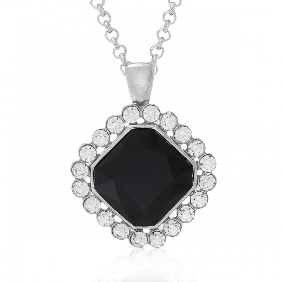 Picture of Jewelry Necklace Rhombus Silver Tone Clear Black Rhinestone Faceted 65cm(25 5/8") long, 1 Piece