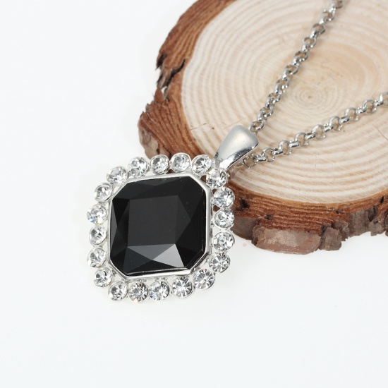 Picture of Jewelry Necklace Rhombus Silver Tone Clear Black Rhinestone Faceted 65cm(25 5/8") long, 1 Piece