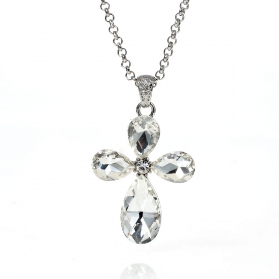 Picture of Jewelry Necklace Cross Silver Tone Clear Rhinestone Faceted 65cm(25 5/8") long, 1 Piece