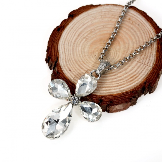 Picture of Jewelry Necklace Cross Silver Tone Clear Rhinestone Faceted 65cm(25 5/8") long, 1 Piece