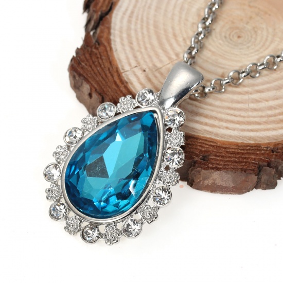 Picture of Jewelry Necklace Drop Silver Tone Blue Clear Rhinestone Faceted 64cm(25 2/8") long, 1 Piece