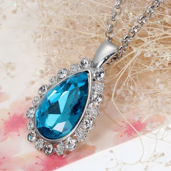 Picture of Jewelry Necklace Drop Silver Tone Blue Clear Rhinestone Faceted 64cm(25 2/8") long, 1 Piece