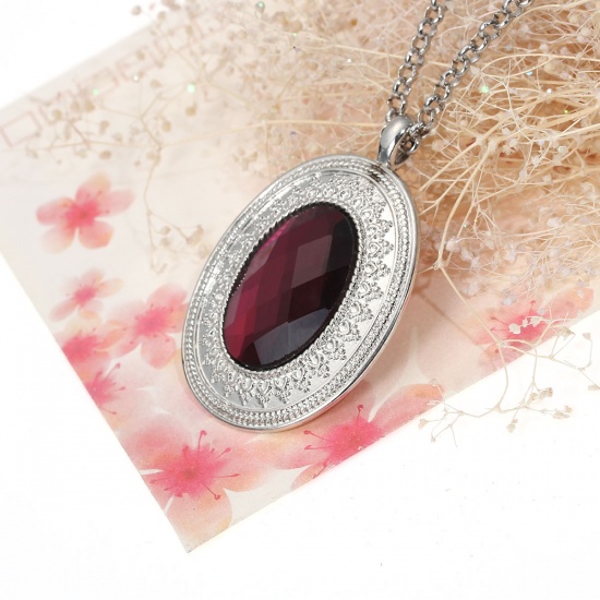 Picture of Jewelry Necklace Oval Silver Tone Purple Rhinestone Faceted 65cm(25 5/8") long, 1 Piece