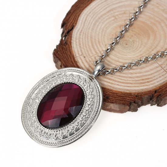 Picture of Jewelry Necklace Oval Silver Tone Purple Rhinestone Faceted 65cm(25 5/8") long, 1 Piece