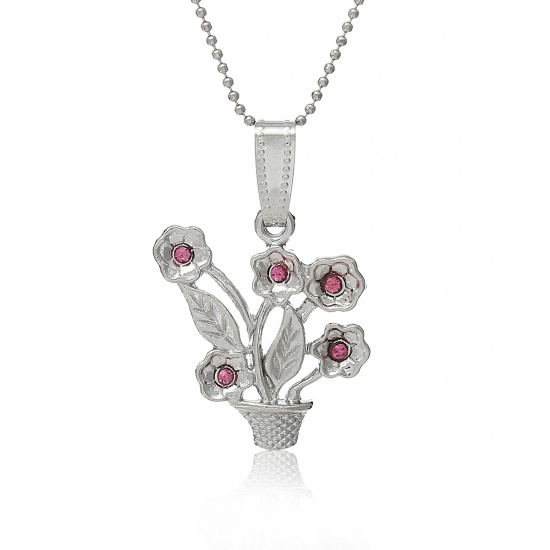 Picture of Jewelry Necklace Flower Pot Silver Tone Pink Rhinestone 44.5cm(17 4/8") long, 3 PCs