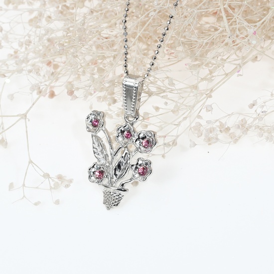 Picture of Jewelry Necklace Flower Pot Silver Tone Pink Rhinestone 44.5cm(17 4/8") long, 3 PCs