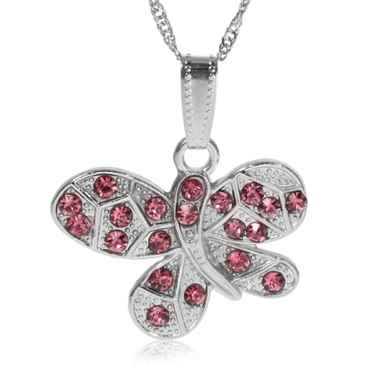 Picture of Jewelry Necklace Butterfly Animal Silver Tone Fuchsia Rhinestone 44cm(17 3/8") long, 3 PCs