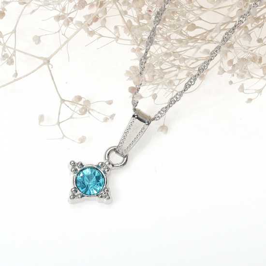 Picture of Jewelry Necklace Rhombus Silver Tone Blue Rhinestone 44cm(17 3/8") long, 3 PCs