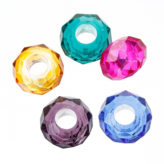 Picture of Glass European Style Large Hole Charm Beads Round Mixed Faceted Transparent About 14mm x 8mm, Hole: Approx 6mm, 50 PCs