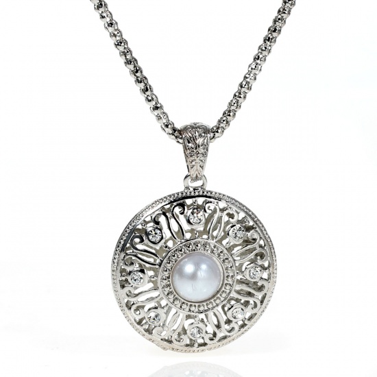 Picture of Jewelry Necklace Round Silver Tone Clear Rhinestone Acrylic Imitation Pearl 65.5cm(25 6/8") long, 1 Piece