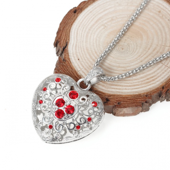 Picture of Jewelry Necklace Heart Silver Tone Red Rhinestone 65.5cm(25 6/8") long, 1 Piece