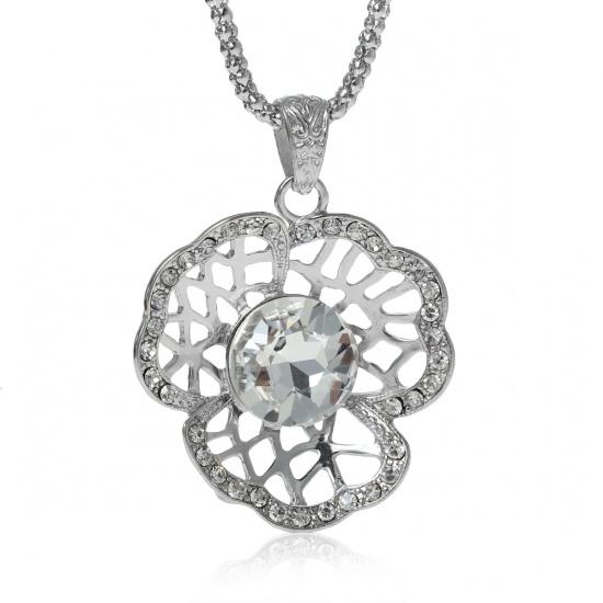 Picture of Jewelry Necklace Flower Silver Tone Acrylic Clear Rhinestone 65.5cm(25 6/8") long, 1 Piece
