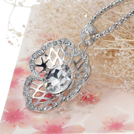 Picture of Jewelry Necklace Flower Silver Tone Acrylic Clear Rhinestone 65.5cm(25 6/8") long, 1 Piece