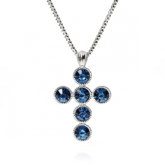 Picture of Jewelry Necklace Cross Silver Tone Blue Rhinestone 65cm(25 5/8") long, 1 Piece