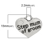 Image de Breloques en Alliage de Zinc Cœur Argent Vieilli à Strass Transparent Gravé Mots "Step Mum Of Groom" 17mm x 15mm, 20 Pcs