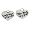 Bild von Zinklegierung Charm Anhänger Herz Antiksilber mit Transparent Strass Message "Step Mum Of Groom", 17mm x 15mm, 20 Stück