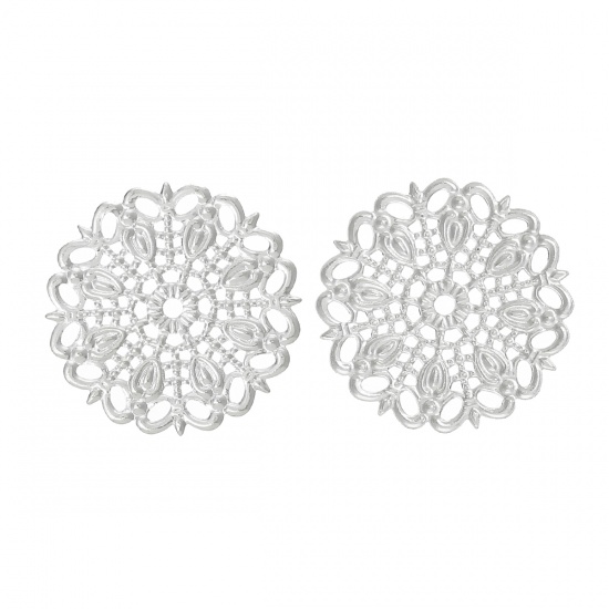 Picture of Brass Filigree Stamping Embellishment Findings Round Silver Plated Hollow Flower Pattern 25mm x 25mm(1" x1"),50PCs                                                                                                                                            