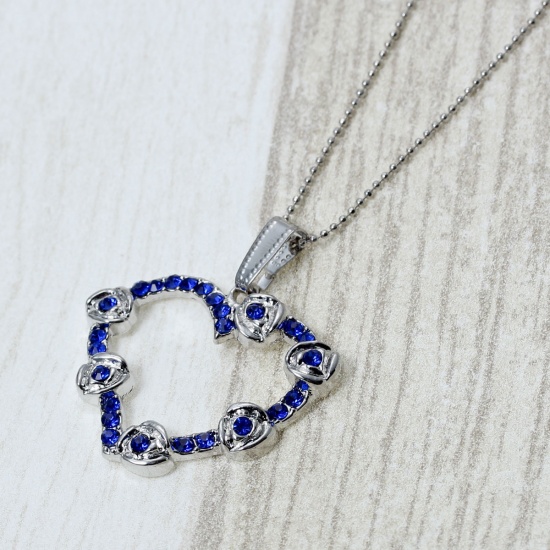 Picture of Jewelry Necklace Rose Flower Heart Silver Tone Blue Rhinestone Hollow 44.5cm(17 4/8") long, 2 PCs