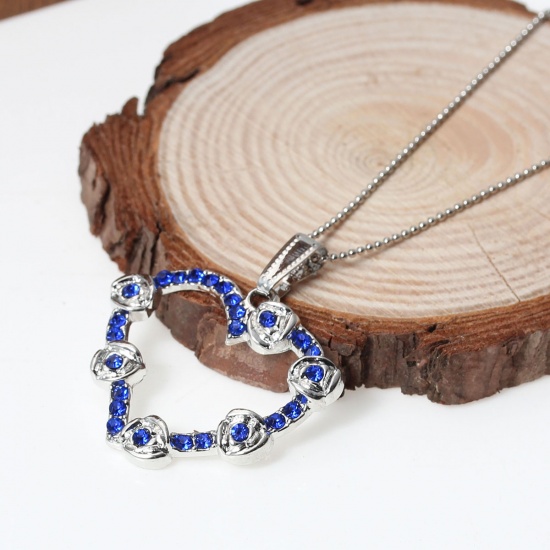 Picture of Jewelry Necklace Rose Flower Heart Silver Tone Blue Rhinestone Hollow 44.5cm(17 4/8") long, 2 PCs
