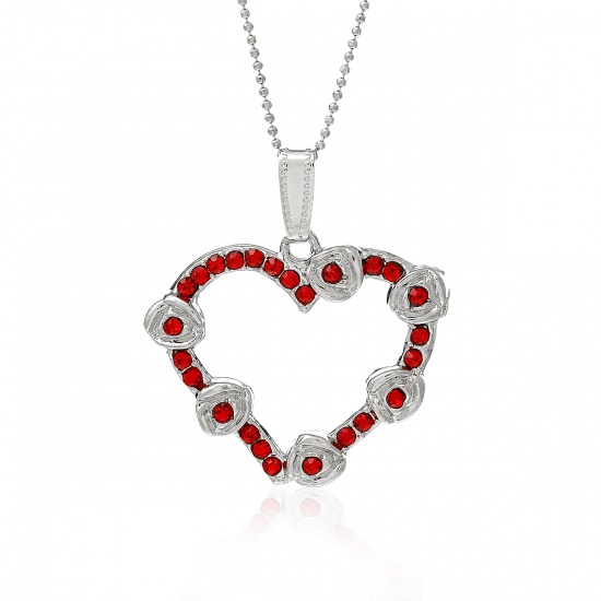 Picture of Jewelry Necklace Rose Flower Heart Silver Tone Red Rhinestone Hollow 44.5cm(17 4/8") long, 2 PCs