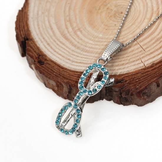 Picture of Jewelry Necklace Glasses Silver Tone Blue Rhinestone 44.5cm(17 4/8") long, 2 PCs