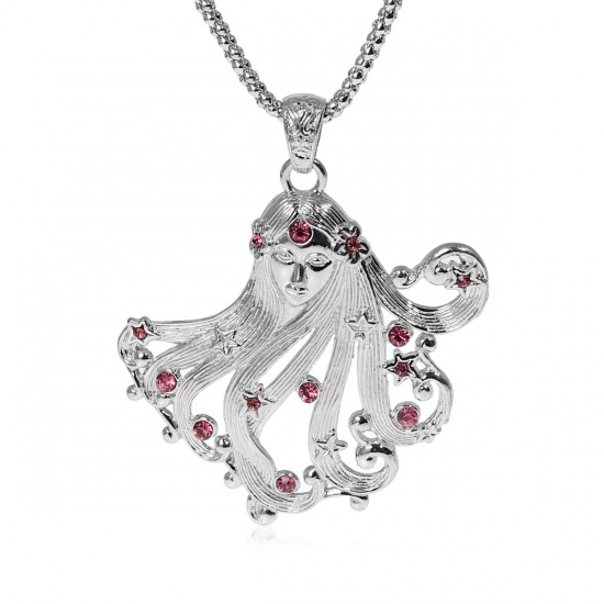 Picture of Jewelry Necklace Girl Silver Tone Flower Star Carved Fuchsia Rhinestone 65.5cm(25 6/8") long, 1 Piece