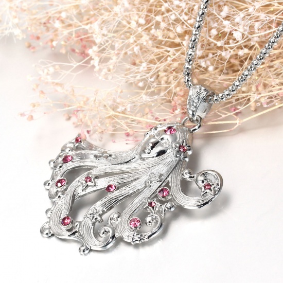 Picture of Jewelry Necklace Girl Silver Tone Flower Star Carved Fuchsia Rhinestone 65.5cm(25 6/8") long, 1 Piece