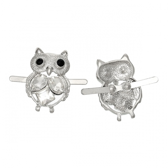 Picture of Shoe Clips Buckles Accessory Owl Halloween Silver Tone Clear Rhinestone 3.3cm x 2.7cm,5PCs