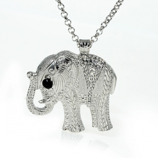 Picture of Jewelry Necklace Elephant Animal Silver Tone Clear & Black Rhinestone 64.5cm(25 3/8") long, 1 Piece