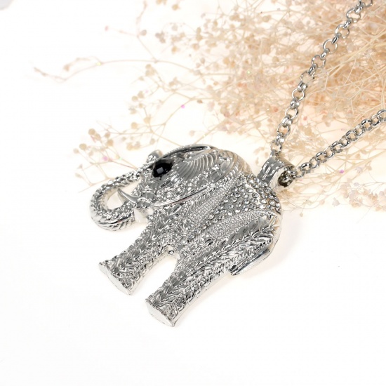 Picture of Jewelry Necklace Elephant Animal Silver Tone Clear & Black Rhinestone 64.5cm(25 3/8") long, 1 Piece