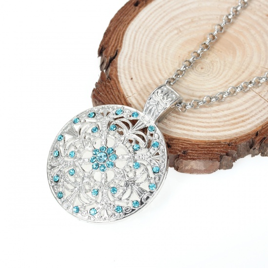 Picture of Jewelry Necklace Filigree Round Silver Tone Lake Blue Rhinestone Hollow 65cm(25 5/8") long, 1 Piece