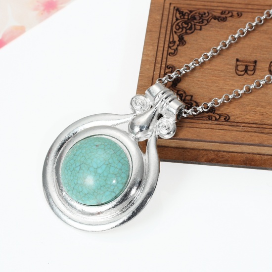 Picture of Jewelry Necklace Round Silver Tone Green Turquoise 65cm(25 5/8") long, 1 Piece